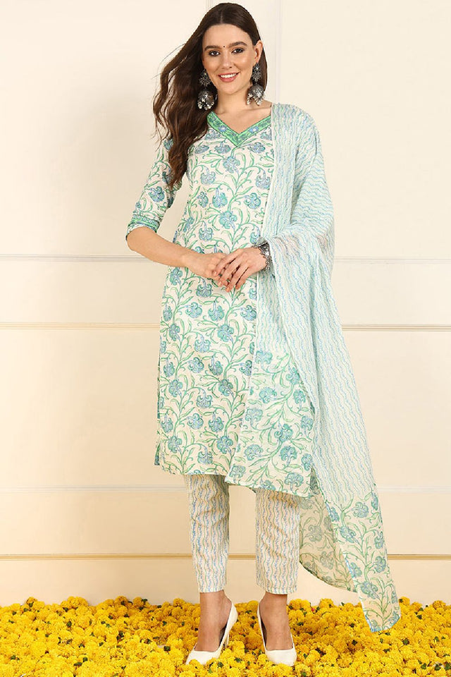 White Pure Cotton Floral Printed Straight Cut Suit Set
