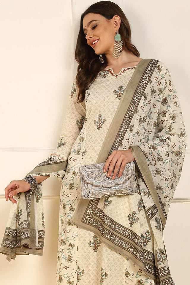 Cream Pure Cotton Ethnic Motifs Printed Straight Cut Suit Set