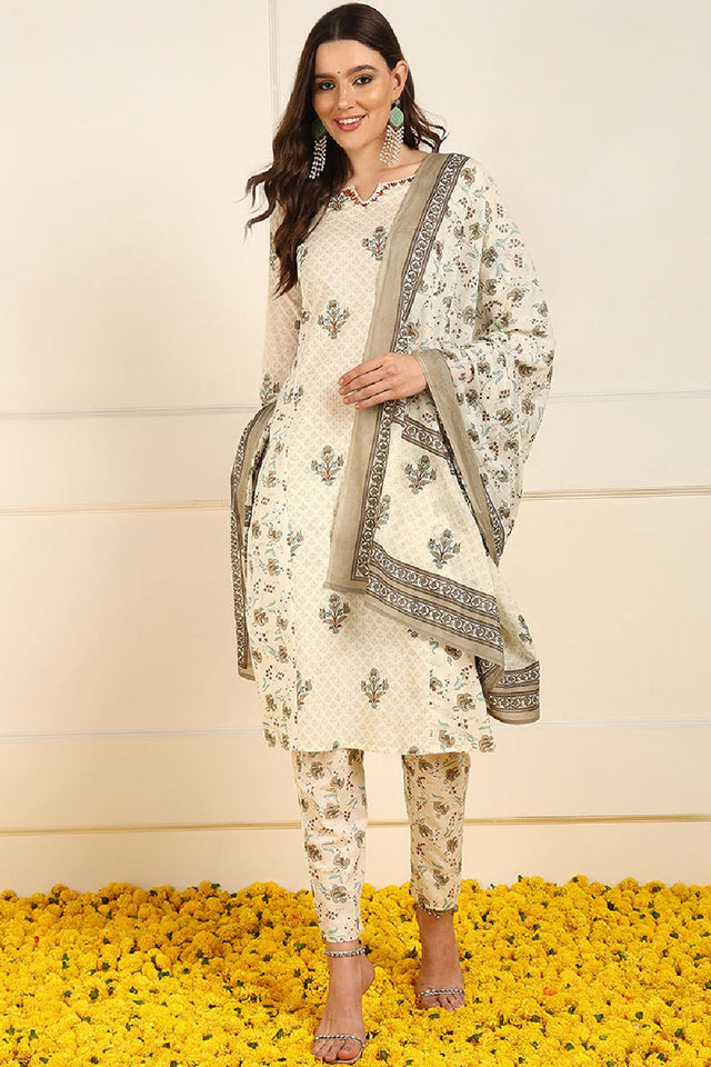 Cream Pure Cotton Ethnic Motifs Printed Straight Cut Suit Set