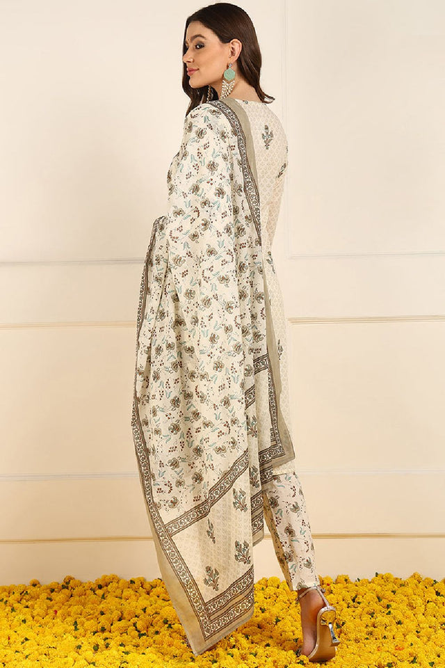 Cream Pure Cotton Ethnic Motifs Printed Straight Cut Suit Set
