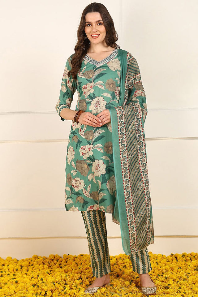 Green Cotton Floral Printed Straight Cut Suit Set