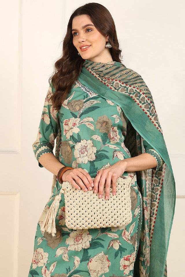 Green Cotton Floral Printed Straight Cut Suit Set