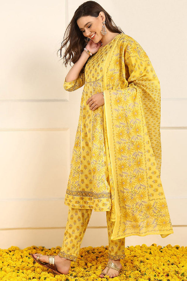 Yellow Pure Cotton Floral Embroidered Anarkali Suit Set