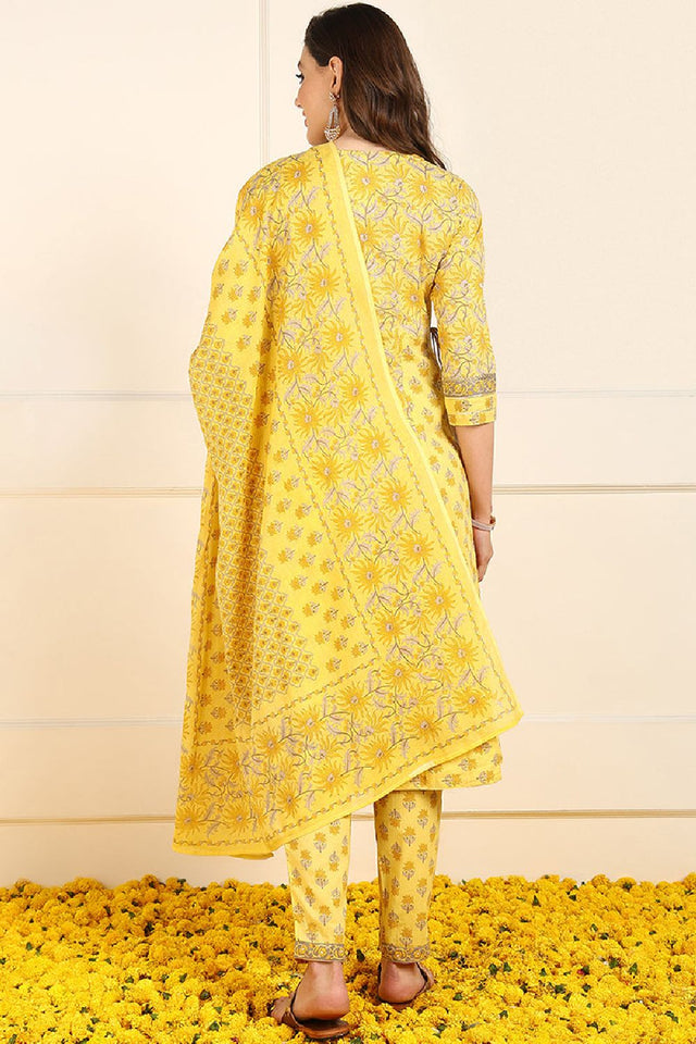 Yellow Pure Cotton Floral Embroidered Anarkali Suit Set