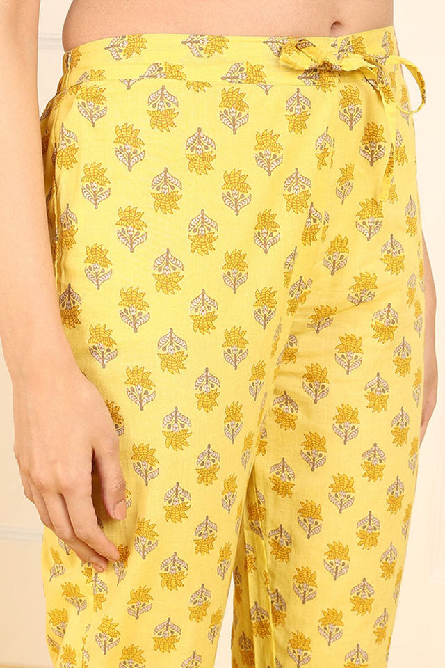 Yellow Pure Cotton Floral Embroidered Anarkali Suit Set