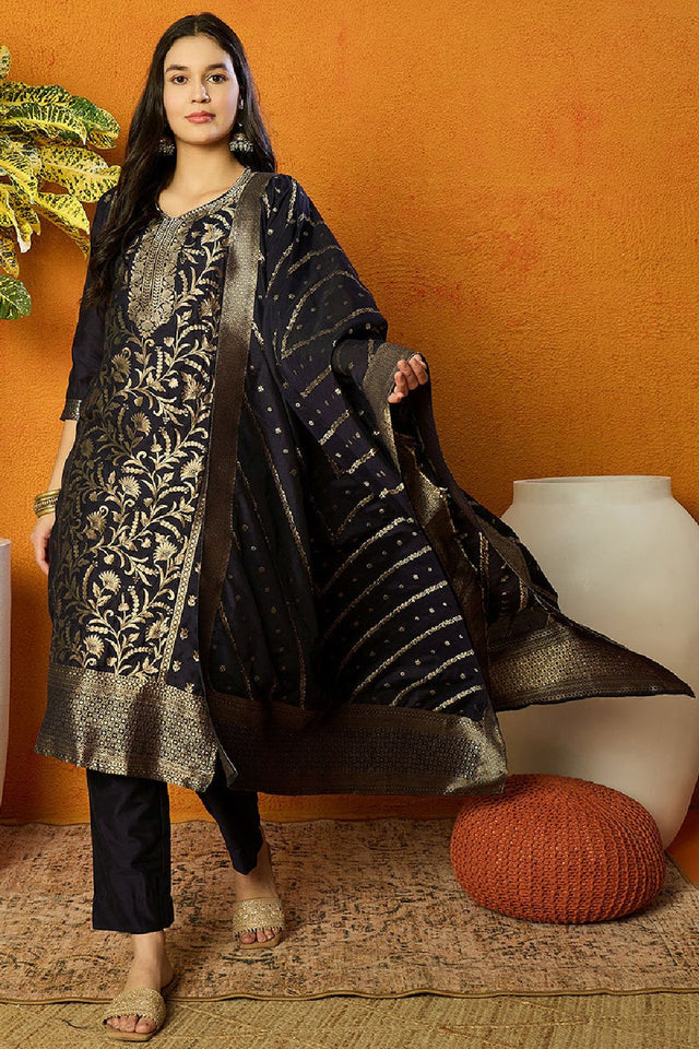 Navy Blue Poly Chanderi Jacquard Straight Cut Suit Set