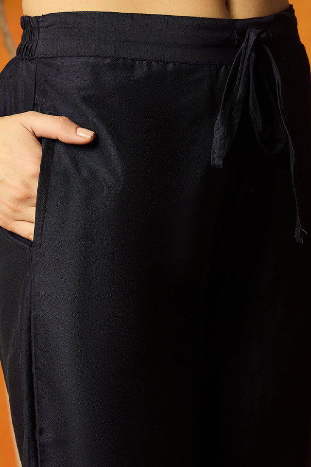 Navy Blue Poly Chanderi Jacquard Straight Cut Suit Set