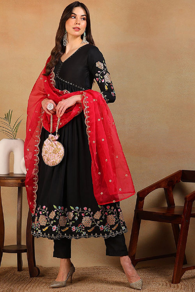 Black Silk Blend Solid Embroidered Flared Empire Anarkali Suit Set