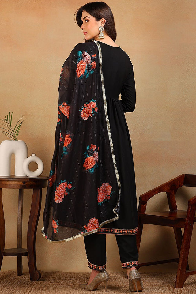 Black Silk Blend Solid Embroidered Flared Empire Anarkali Suit Set