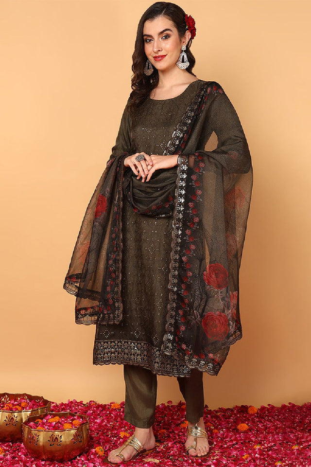 Green Organza Floral Embroidered Straight Cut Suit Set