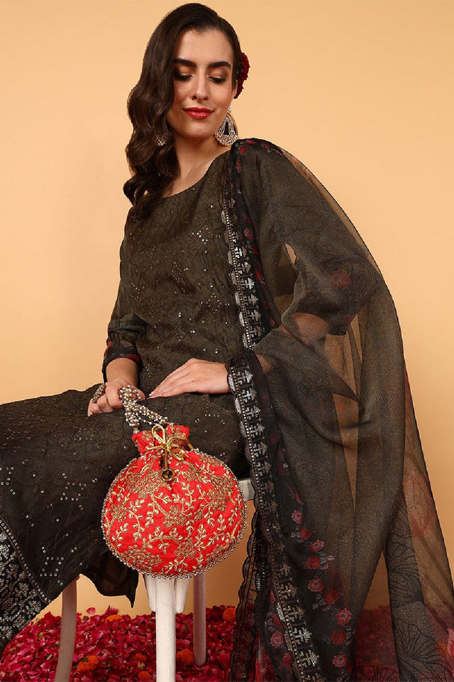 Green Organza Floral Embroidered Straight Cut Suit Set