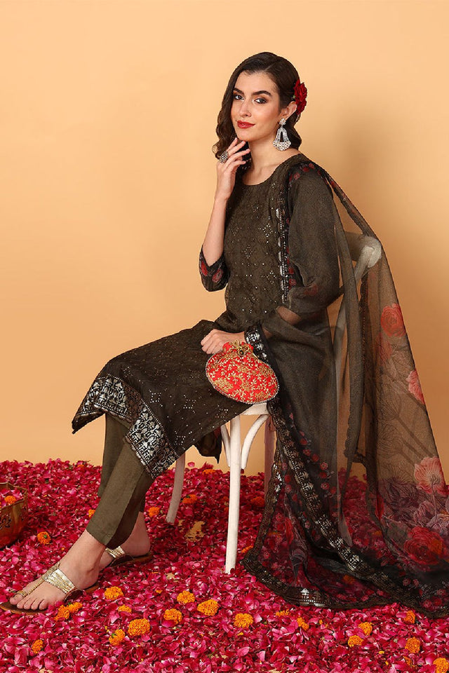 Green Organza Floral Embroidered Straight Cut Suit Set