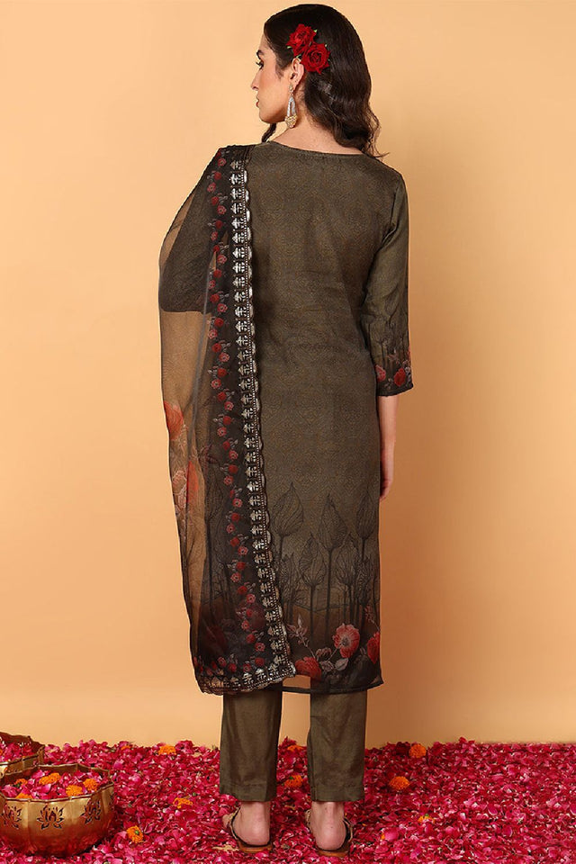 Green Organza Floral Embroidered Straight Cut Suit Set