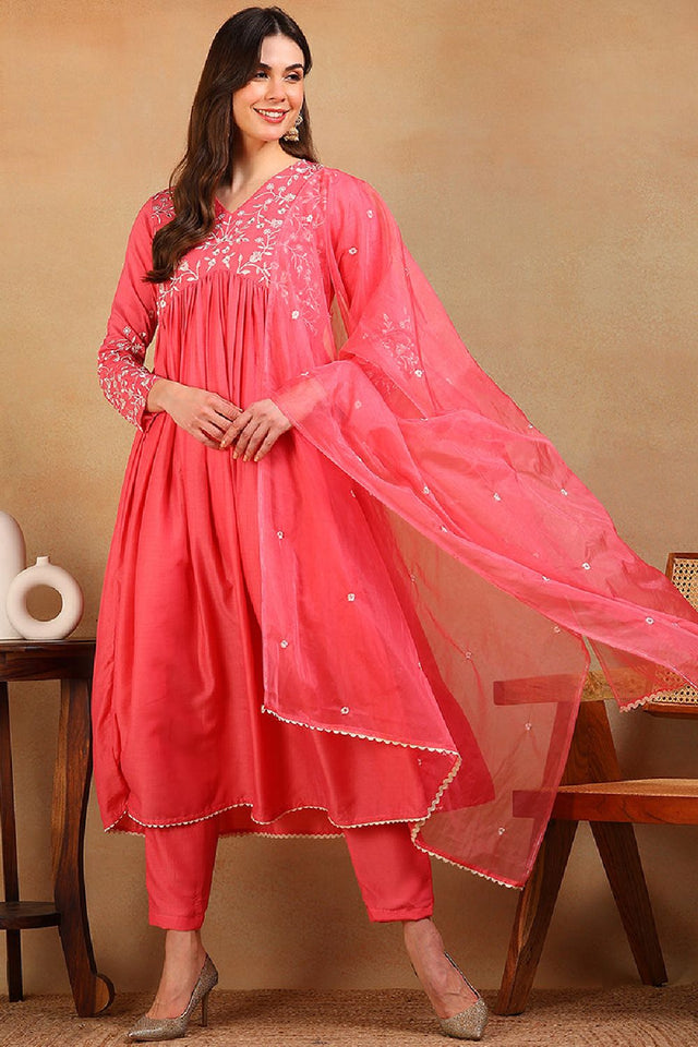 Pink Silk Blend Solid Embroidered Flared Empire Anarkali Suit Set