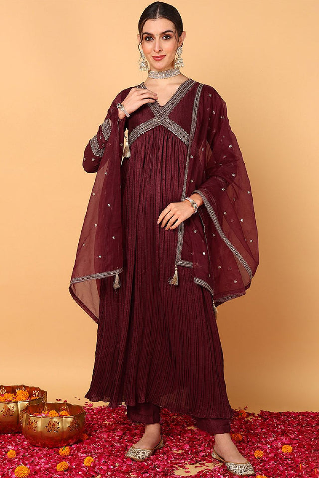 Maroon Silk Blend Solid Embroidered Flared Anarkali Suit Set