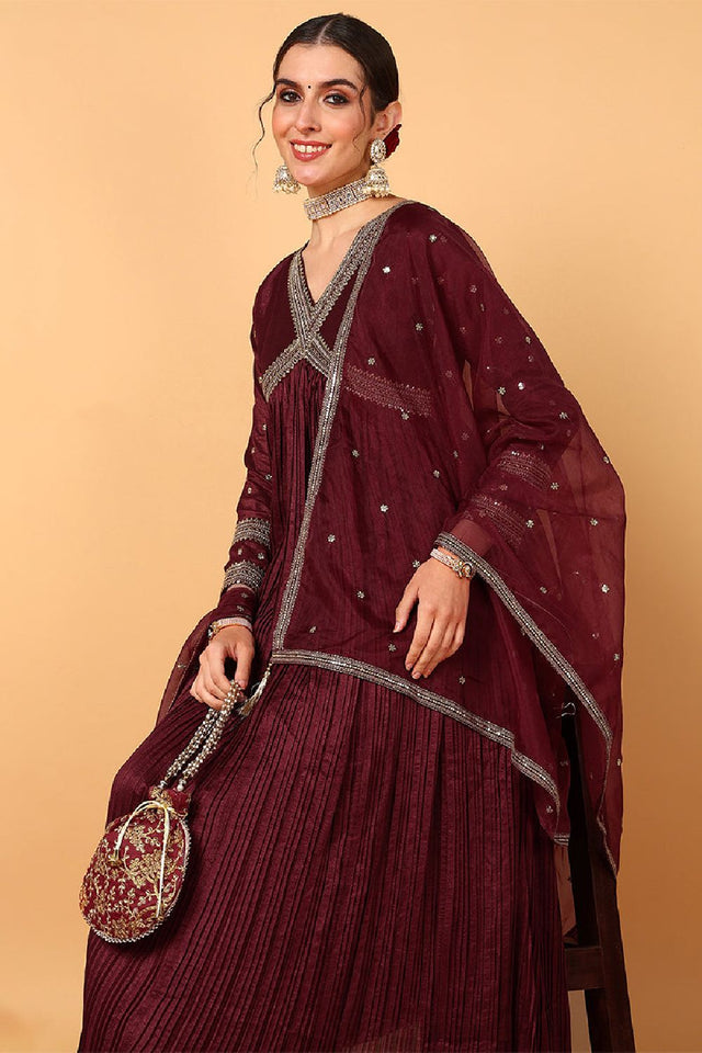 Maroon Silk Blend Solid Embroidered Flared Anarkali Suit Set