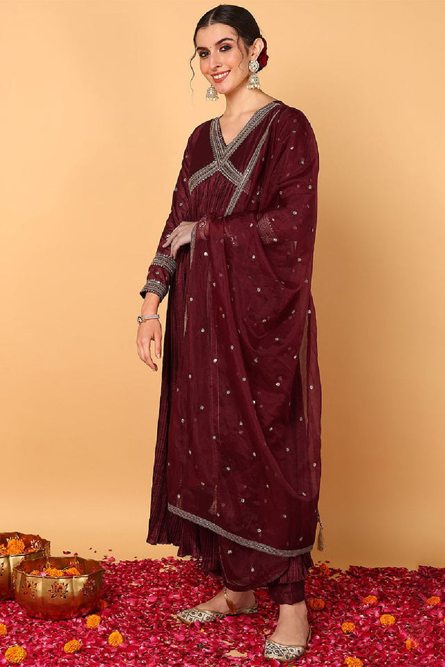 Maroon Silk Blend Solid Embroidered Flared Anarkali Suit Set