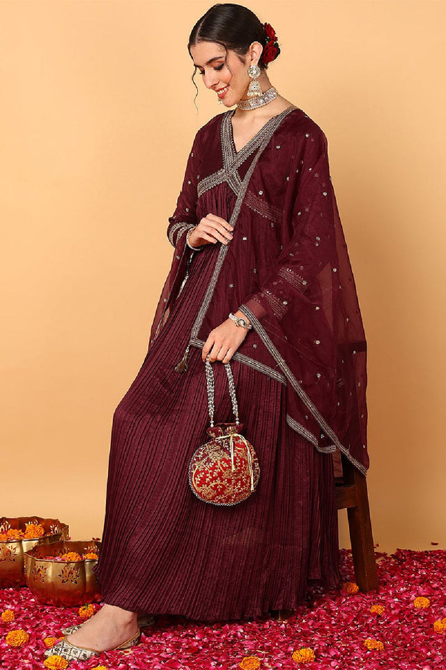 Maroon Silk Blend Solid Embroidered Flared Anarkali Suit Set