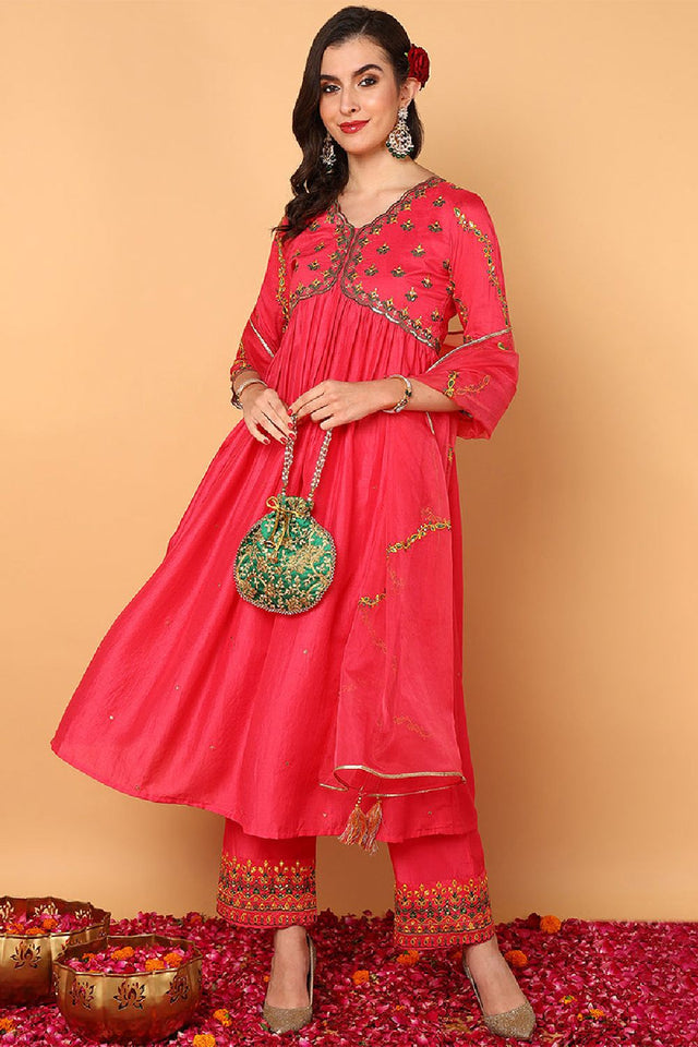 Pink Silk Blend Solid Embroidered Flared Anarkali Suit Set