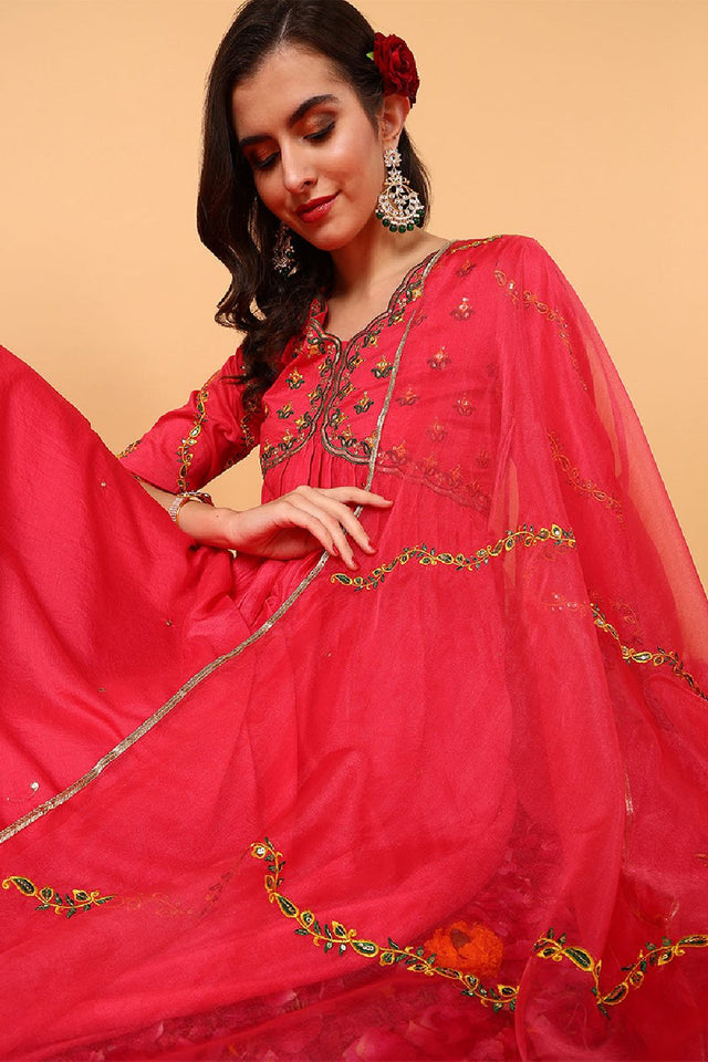 Pink Silk Blend Solid Embroidered Flared Anarkali Suit Set