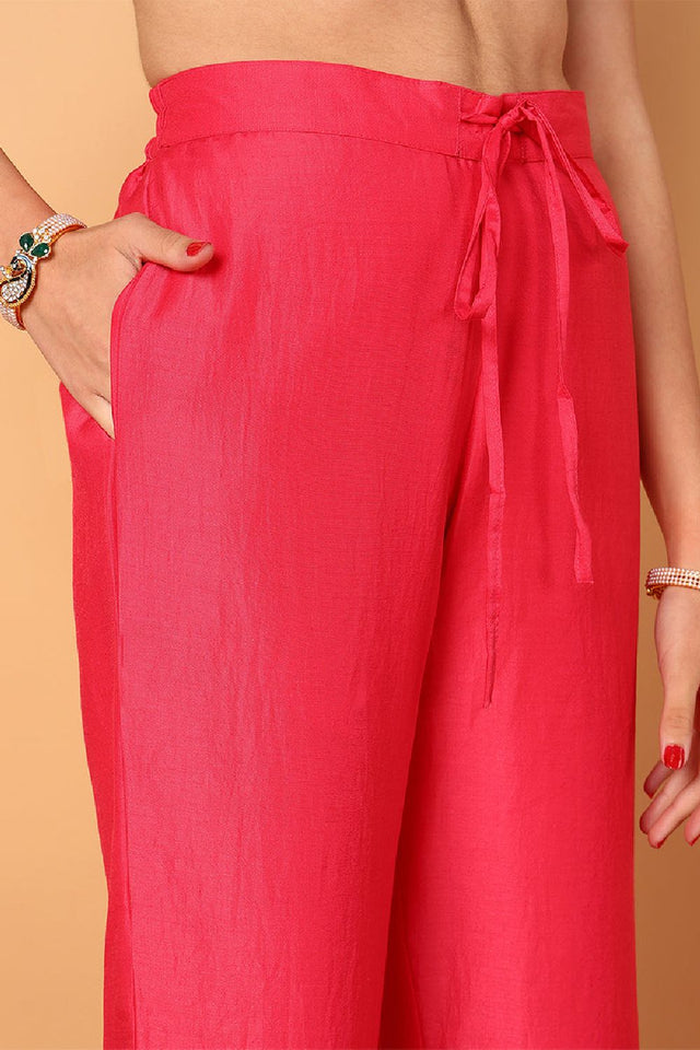 Pink Silk Blend Solid Embroidered Flared Anarkali Suit Set