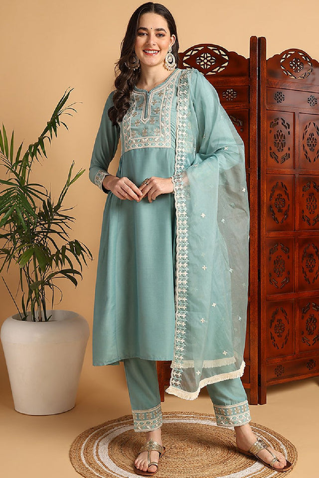 Sea Green Silk Blend Solid Embroidered Flared Style Kurti Pant Set