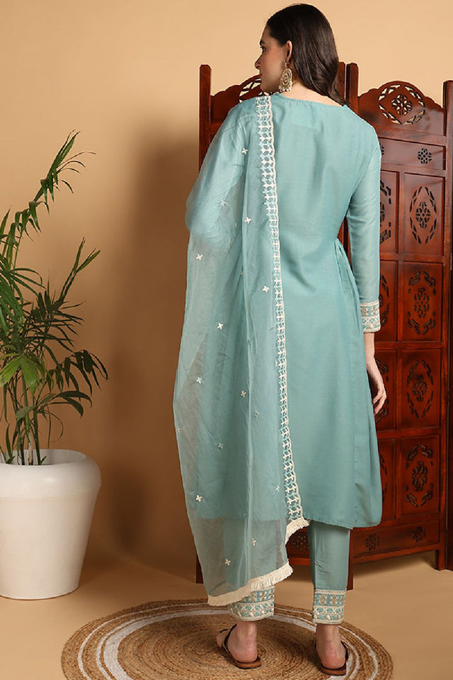 Sea Green Silk Blend Solid Embroidered Flared Style Kurti Pant Set
