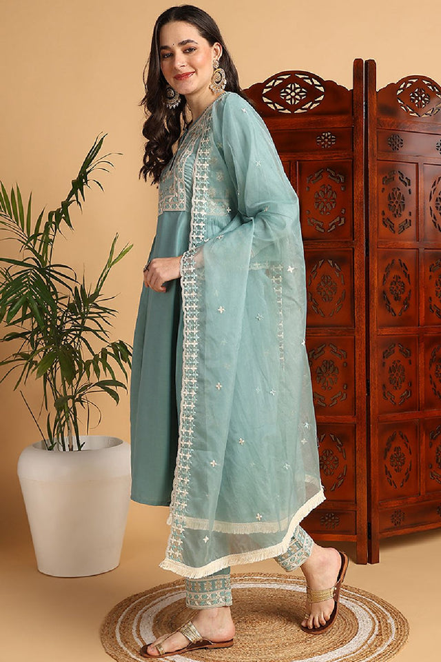 Sea Green Silk Blend Solid Embroidered Flared Style Kurti Pant Set
