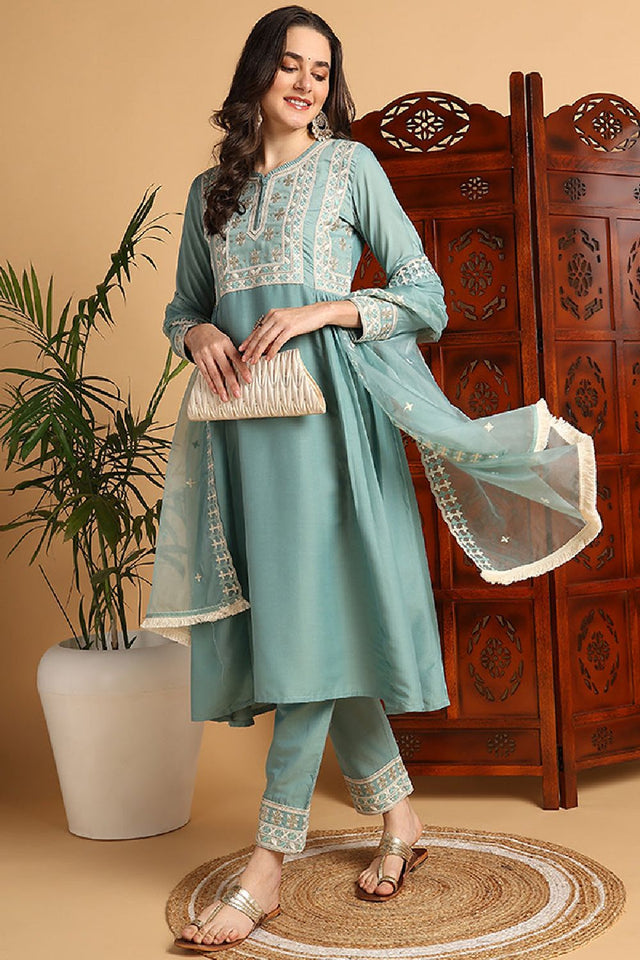 Sea Green Silk Blend Solid Embroidered Flared Style Kurti Pant Set