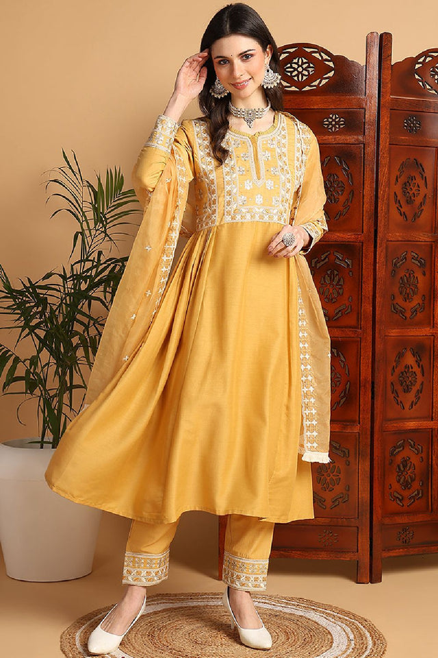 Yellow Silk Blend Solid Embroidered Flared Kurti Pant Set