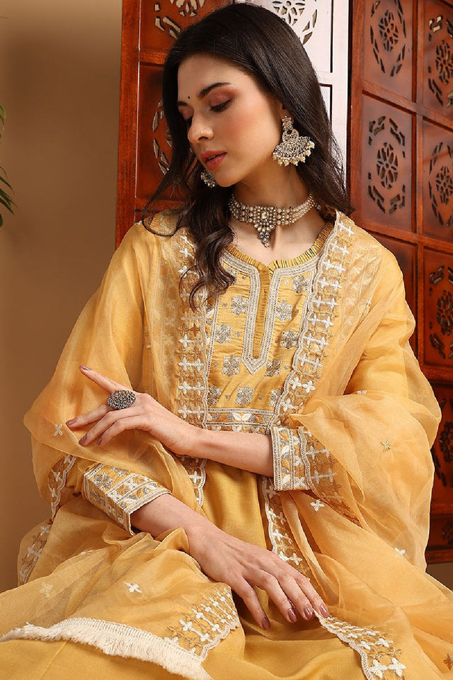 Yellow Silk Blend Solid Embroidered Flared Kurti Pant Set