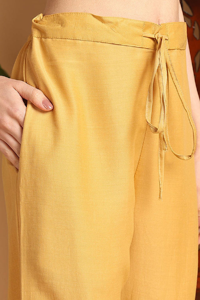 Yellow Silk Blend Solid Embroidered Flared Kurti Pant Set