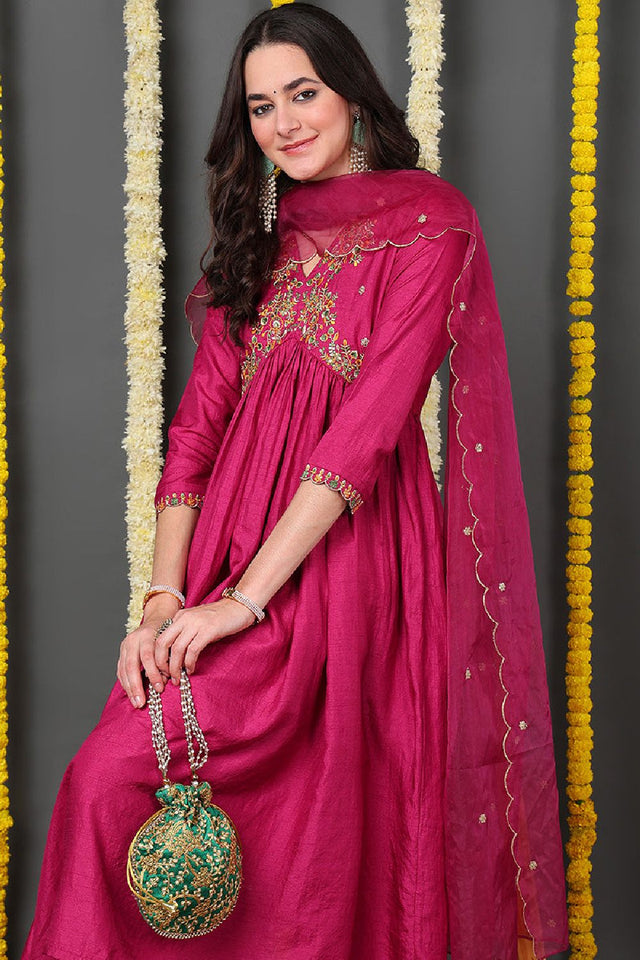Pink Silk Blend Solid Embroidered Flared Anarkali Suit Set