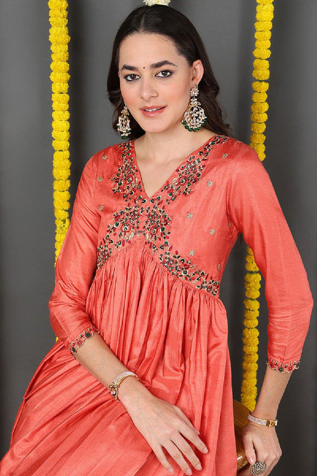 Orange Silk Blend Solid Embroidered Flared Anarkali Suit Set