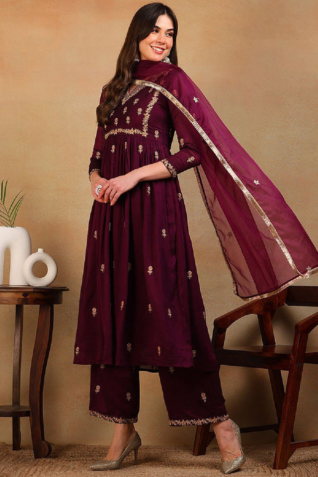 Purple Silk Blend Solid Embroidered Flared Empire Anarkali Suit Set