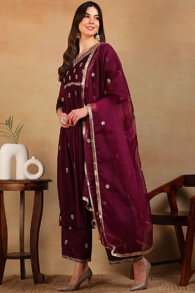 Purple Silk Blend Solid Embroidered Flared Empire Anarkali Suit Set