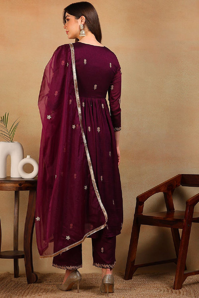 Purple Silk Blend Solid Embroidered Flared Empire Anarkali Suit Set