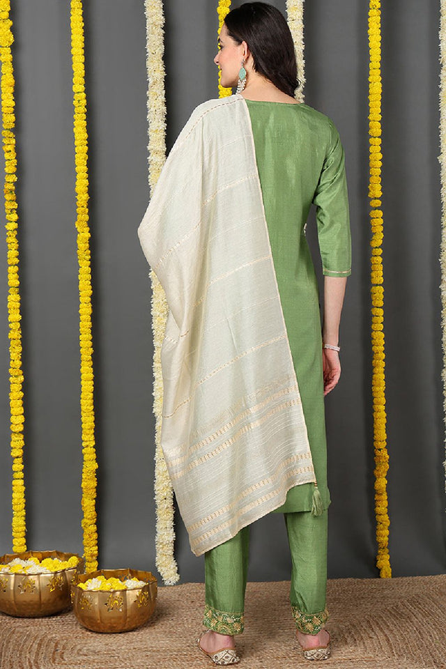 Green Silk Blend Solid Embroidered Straight Cut Suit Set