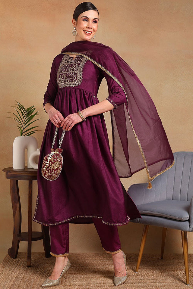 Purple Silk Blend Solid Yoke Design Flared Empire Anarkali Suit Set