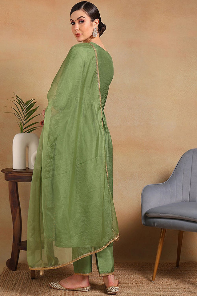 Green Silk Blend Solid Yoke Design Flared Empire Anarkali Suit Set