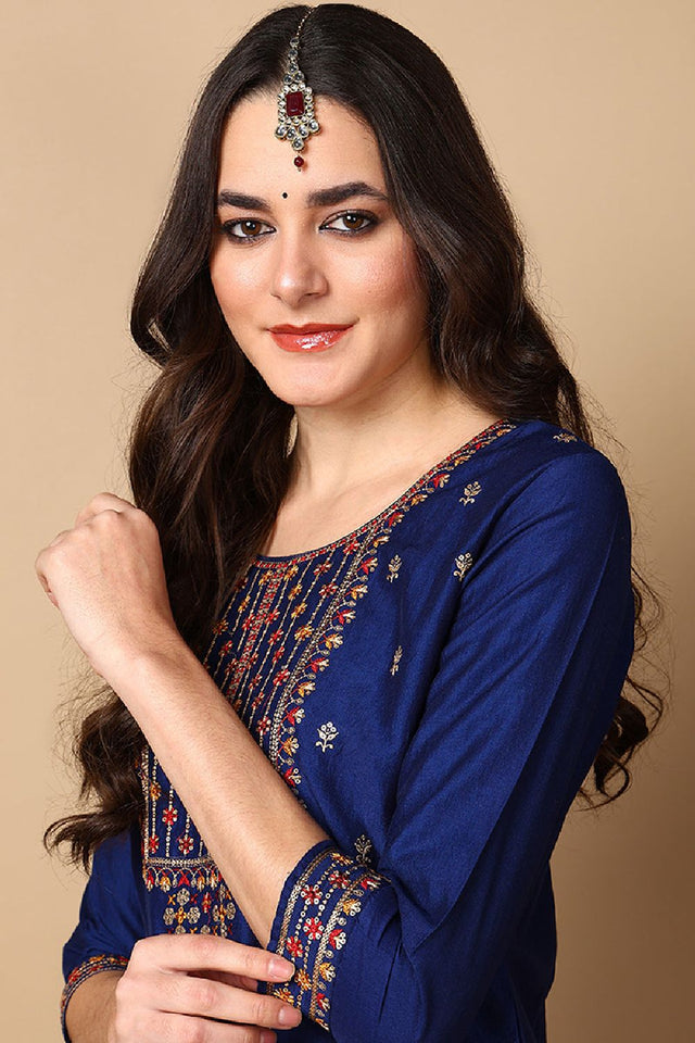 Navy Blue Silk Blend Solid Embroidered Straight Cut Suit Set