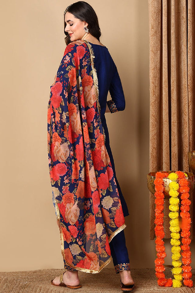 Navy Blue Silk Blend Solid Embroidered Straight Cut Suit Set