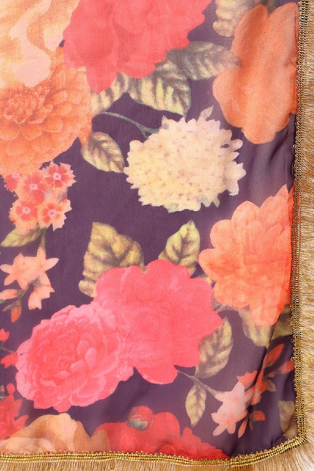 Purple Silk Blend Solid Embroidered Straight Cut Suit Set