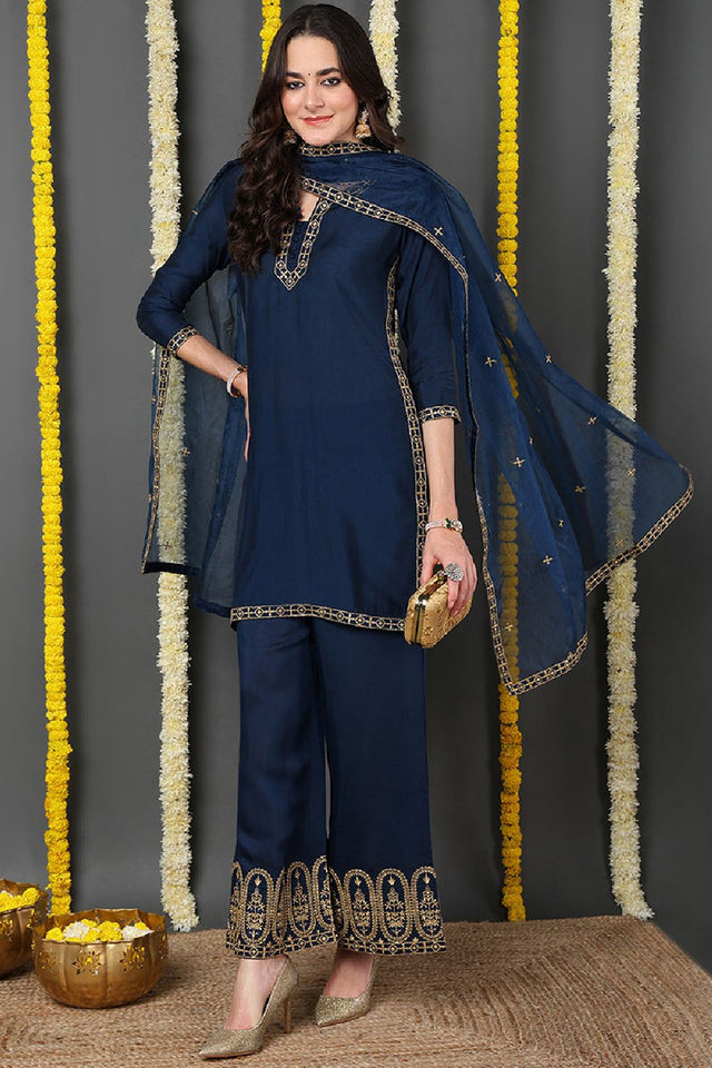 Blue Silk Blend Solid Embroidered Straight Cut Suit Set