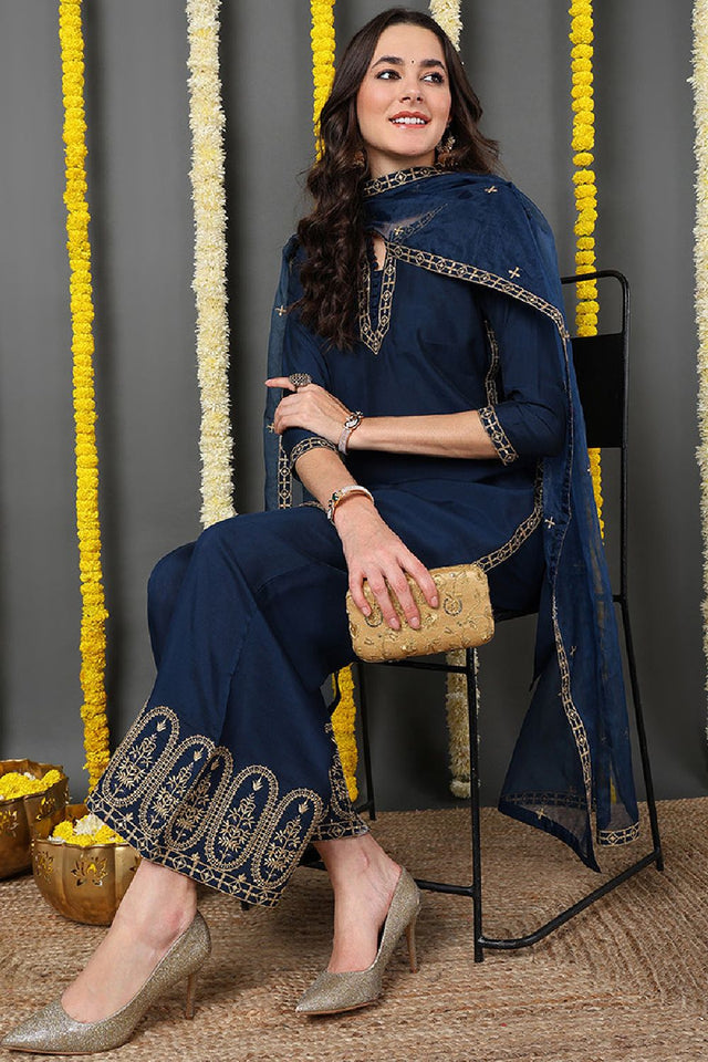 Blue Silk Blend Solid Embroidered Straight Cut Suit Set