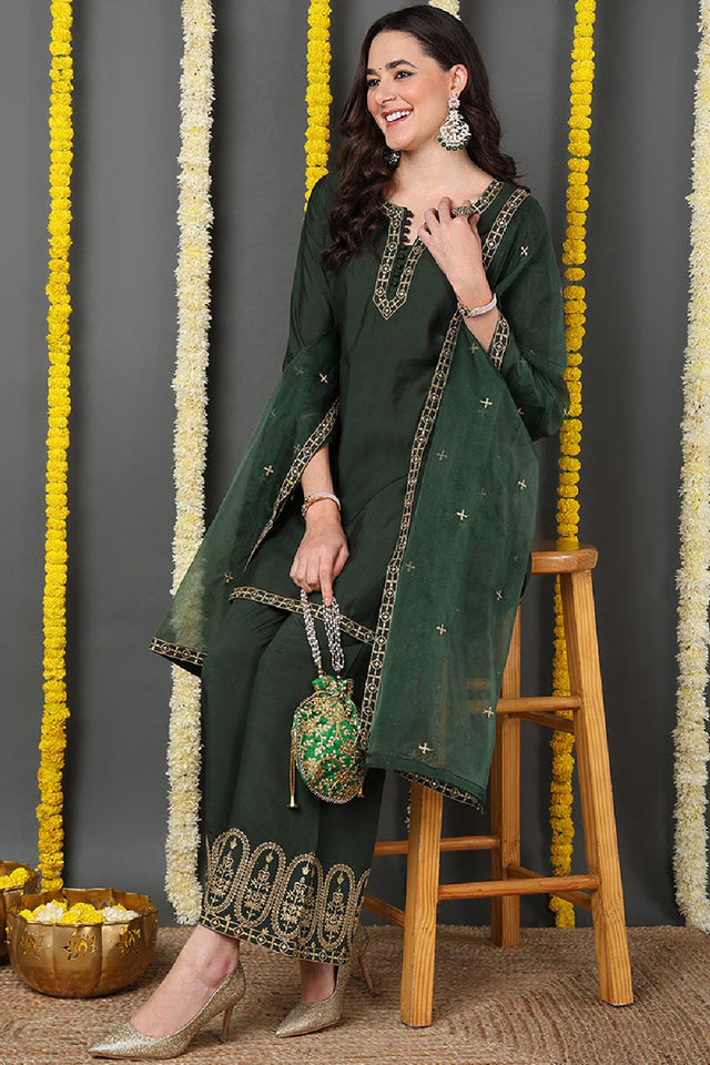 Green Silk Blend Solid Embroidered Straight Cut Suit Set