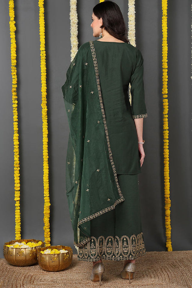 Green Silk Blend Solid Embroidered Straight Cut Suit Set
