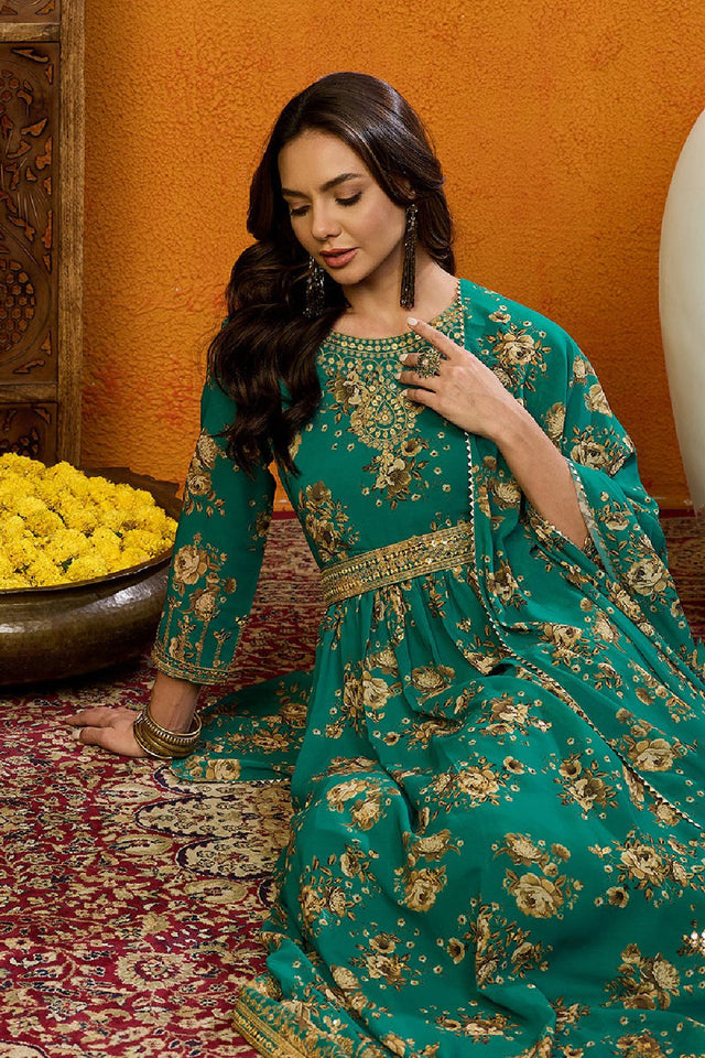 Green Georgette Floral Printed Flared Anarkali Suit Set