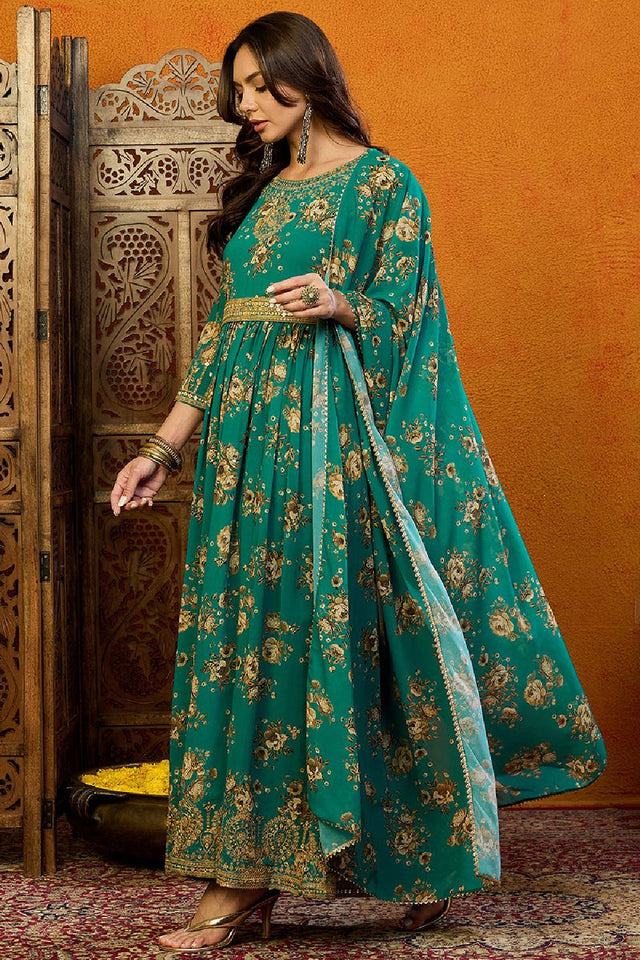 Green Georgette Floral Printed Flared Anarkali Suit Set