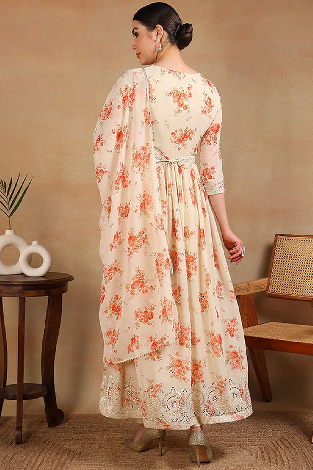 Off White Georgette Floral Printed Flared Anarkali Suit Set